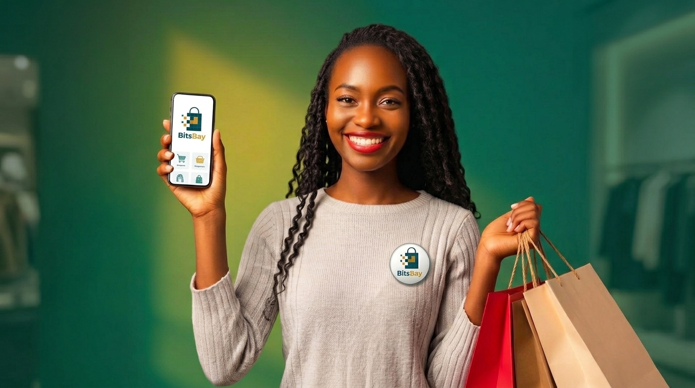 Happy BitsBay shopper in Ghana holding shopping bags and a phone